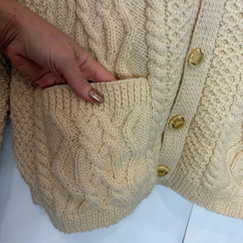 Vintage Handmade Wool Sweater Womens Large Cream Cable Knit Cardigan V-Neck